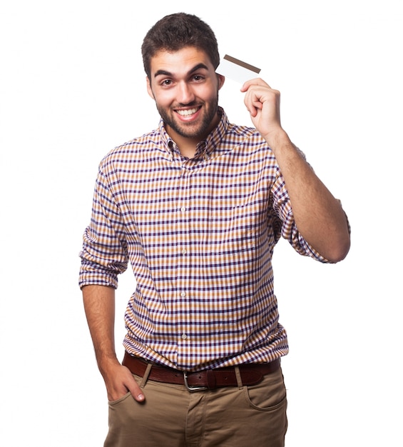 Portrait of man holding plastic card. 