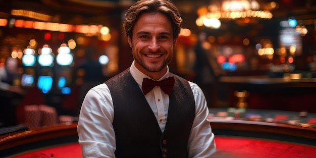 Free photo portrait of man playing poker in casino