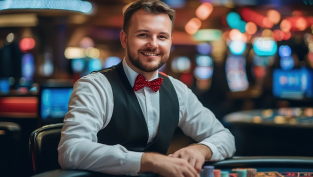 Portrait of man playing poker in casino