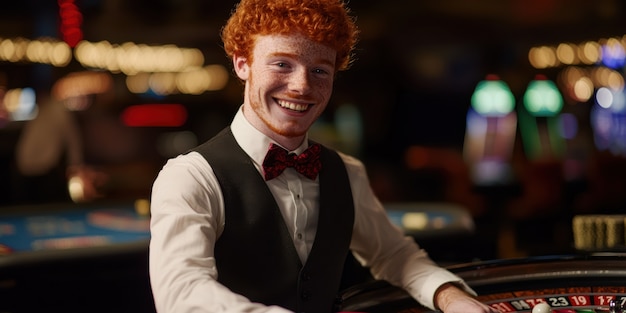 Free photo portrait of man playing poker in casino