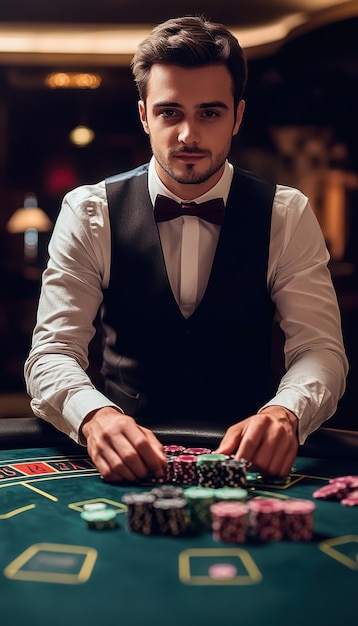 Portrait of man playing poker in casino