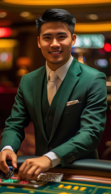 Free photo portrait of man playing poker in casino