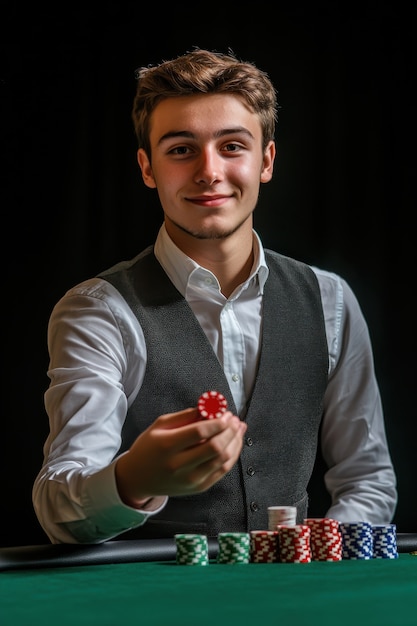 Free photo portrait of man playing poker in casino