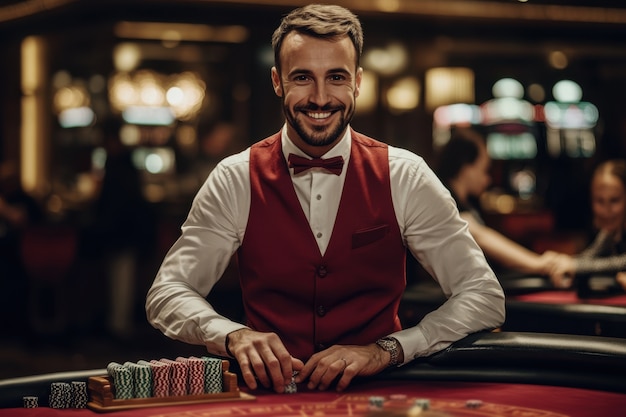 Free photo portrait of man playing poker in casino