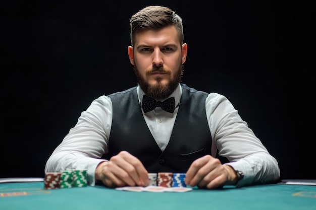 Portrait of man playing poker in casino