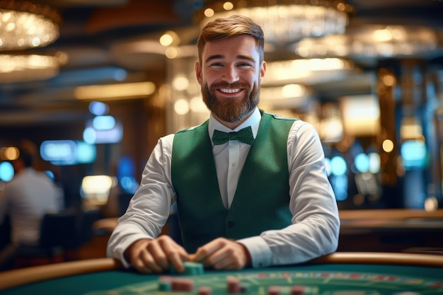 Free photo portrait of man playing poker in casino