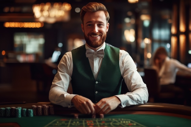 Portrait of man playing poker in casino