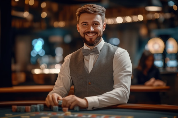 Portrait of man playing poker in casino