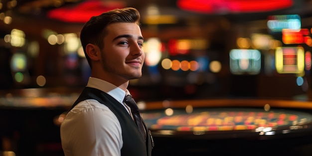 Portrait of man playing poker in casino