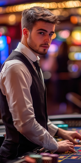 Free photo portrait of man playing poker in casino