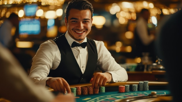 Portrait of man playing poker in casino