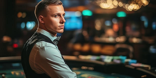 Free photo portrait of man playing poker in casino