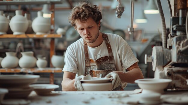 Portrait of man in a pottery studio working on stoneware