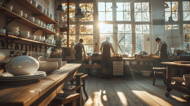 Portrait of man in a pottery studio working on stoneware