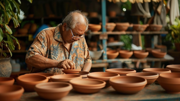 Portrait of man in a pottery studio working on stoneware