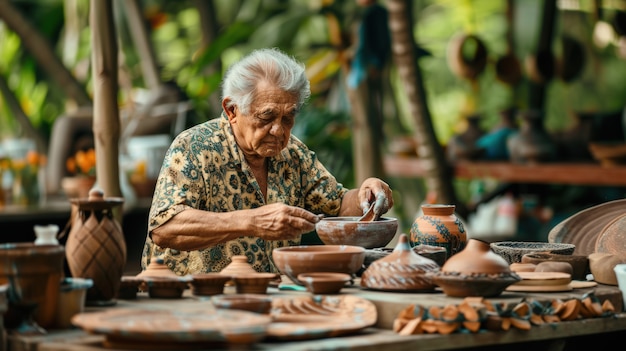 Portrait of man in a pottery studio working on stoneware