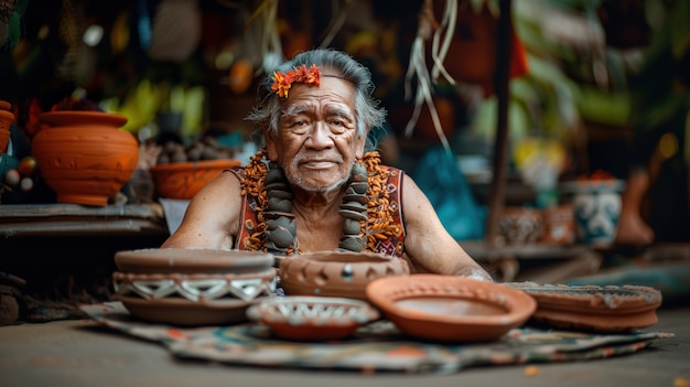 Portrait of man in a pottery studio working on stoneware