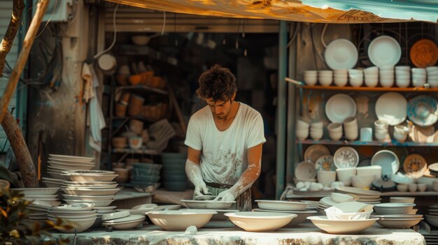 Portrait of man in a pottery studio working on stoneware