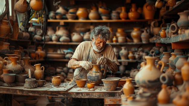 Portrait of man in a pottery studio working on stoneware