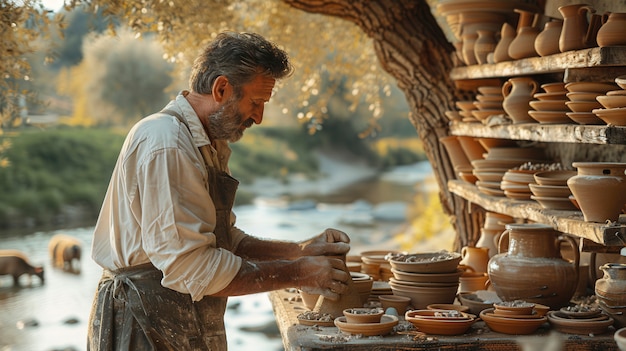 Free Photo portrait of man in a pottery studio working on stoneware