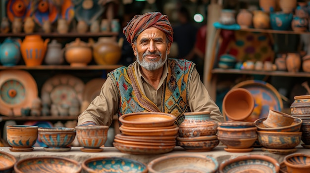 Free photo portrait of man in a pottery studio working on stoneware