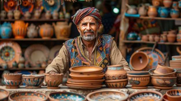 Free photo portrait of man in a pottery studio working on stoneware