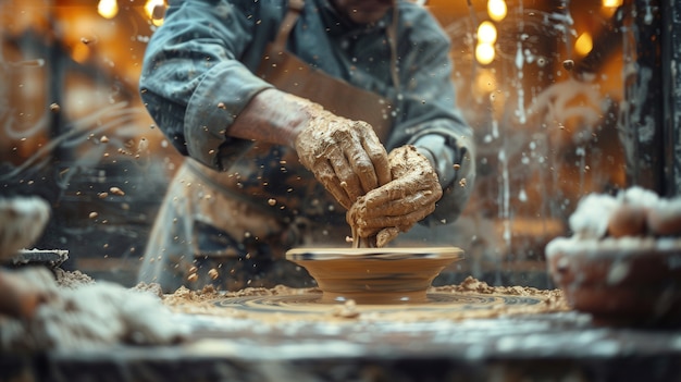 Portrait of man in a pottery studio working on stoneware