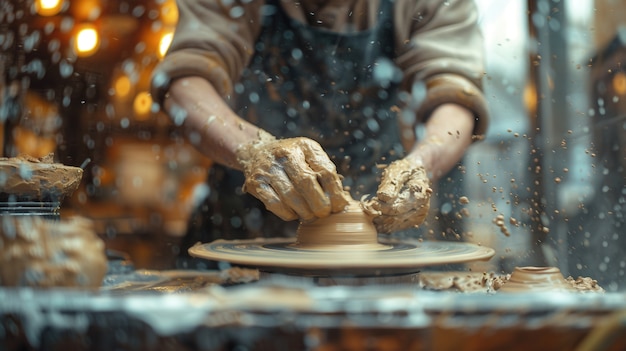 Portrait of man in a pottery studio working on stoneware