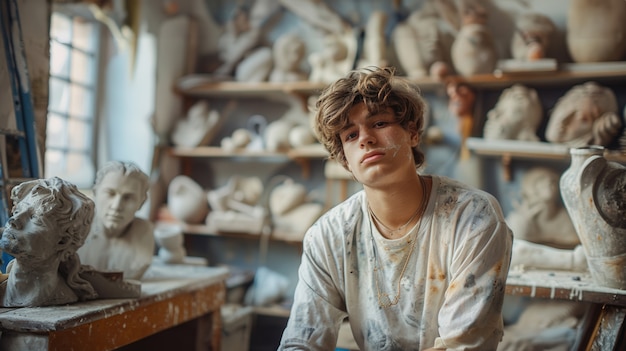 Free photo portrait of man in a pottery studio working on stoneware