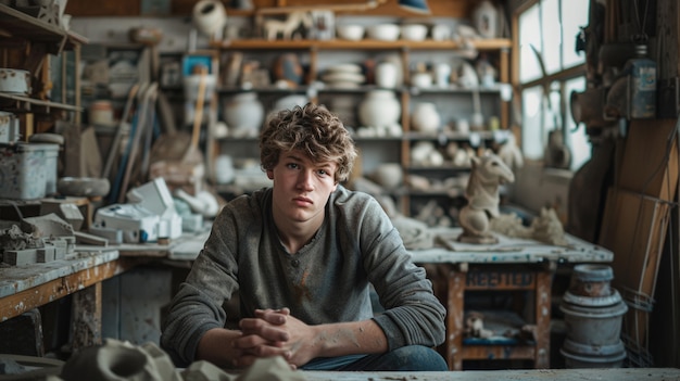 Free photo portrait of man in a pottery studio working on stoneware