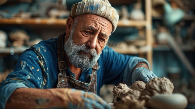 Portrait of man in a pottery studio working on stoneware