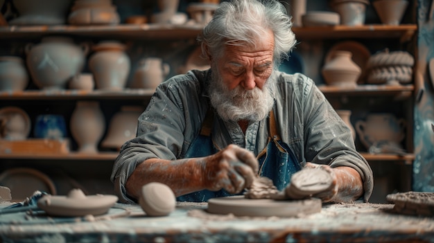 Portrait of man in a pottery studio working on stoneware