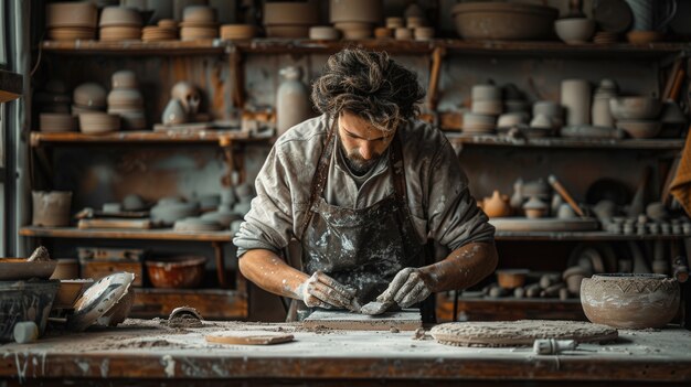 Portrait of man in a pottery studio working on stoneware