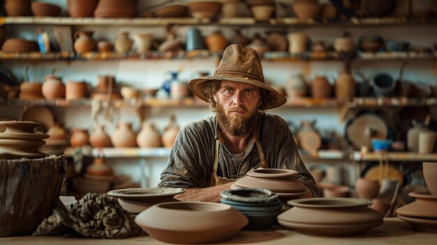 Portrait of man in a pottery studio working on stoneware