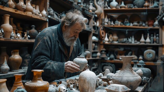 Portrait of man in a pottery studio working on stoneware