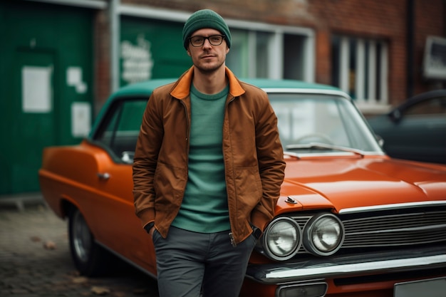 Free photo portrait of man smiling next to vintage car