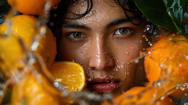 Free Photo portrait of man during summertime with tropical fruit and water