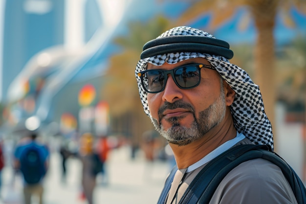 Free photo portrait of man visiting the luxurious city of dubai