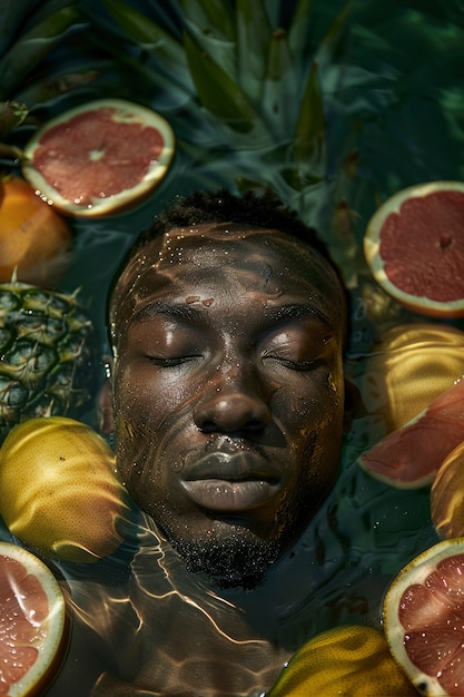 Free photo portrait of man in water and tropical fruits during summertime