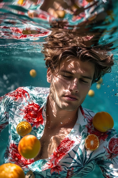 Free photo portrait of man in water and tropical fruits during summertime