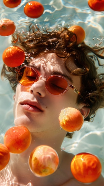 Portrait of man in water and tropical fruits during summertime