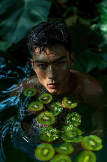 Portrait of man in water and tropical fruits during summertime