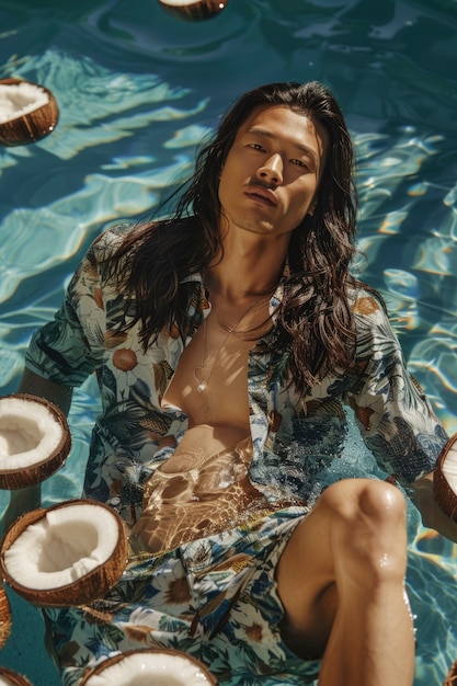 Free Photo portrait of man in water and tropical fruits during summertime