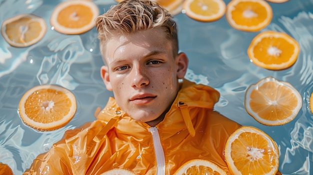 Free Photo portrait of man in water and tropical fruits during summertime