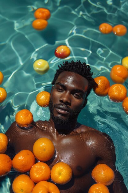 Portrait of man in water and tropical fruits during summertime