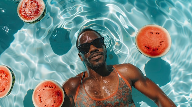 Free Photo portrait of man in water and tropical fruits during summertime