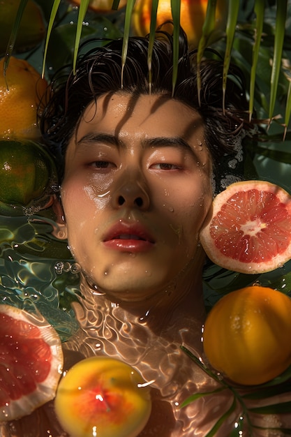 Free Photo portrait of man in water and tropical fruits during summertime