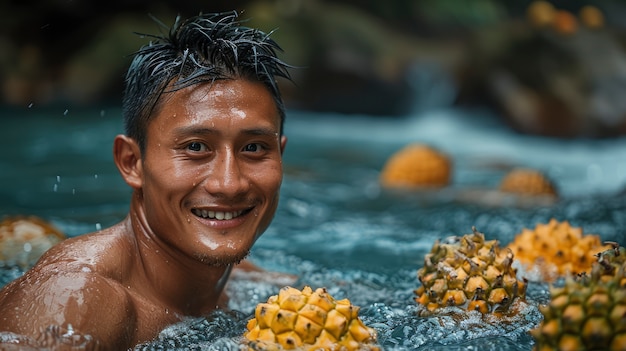 Free Photo portrait of man in water and tropical fruits during summertime