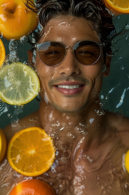 Portrait of man in water and tropical fruits during summertime