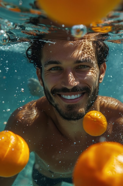 Portrait of man in water and tropical fruits during summertime